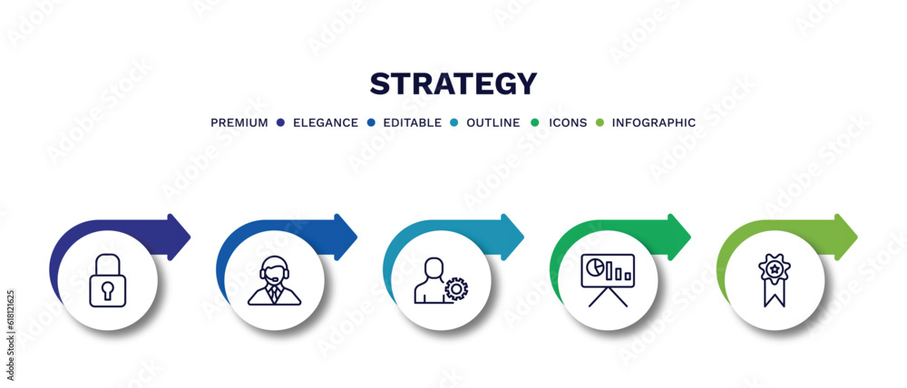 set of strategy thin line icons. strategy outline icons with infographic template. linear icons such as padlock, customer support, admin, presentation, award vector. set of strategy thin line icons. strategy outline icons with infographic template. linear icons such as padlock, customer support, admin, presentation, award vector.
