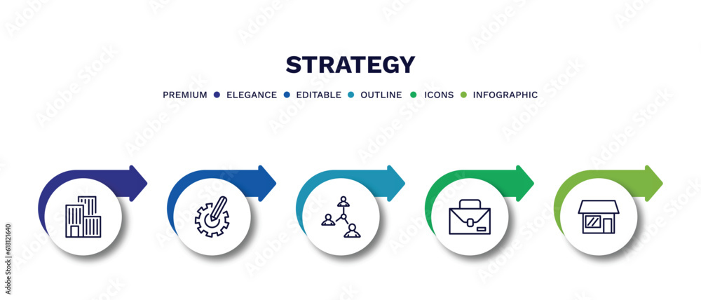 set of strategy thin line icons. strategy outline icons with infographic template. linear icons such as building, resource, connection, briefcase, store vector. set of strategy thin line icons. strategy outline icons with infographic template. linear icons such as building, resource, connection, briefcase, store vector.