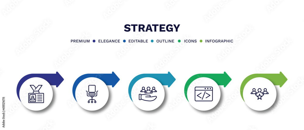 set of strategy thin line icons. strategy outline icons with infographic template. linear icons such as visitor, desk chair, customer, coding, leader vector. set of strategy thin line icons. strategy outline icons with infographic template. linear icons such as visitor, desk chair, customer, coding, leader vector.
