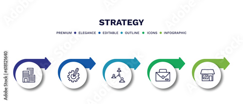 set of strategy thin line icons. strategy outline icons with infographic template. linear icons such as building, resource, connection, briefcase, store vector.