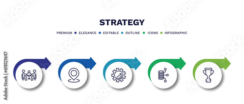 set of strategy thin line icons. strategy outline icons with infographic template. linear icons such as meeting, positioning, business, data, trophy vector.