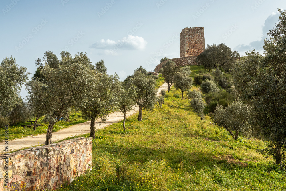 Ródão castle or King Wamba castle with field of olive trees in the foreground on a sunny day in Vila Velha de Ródão, Portugal.