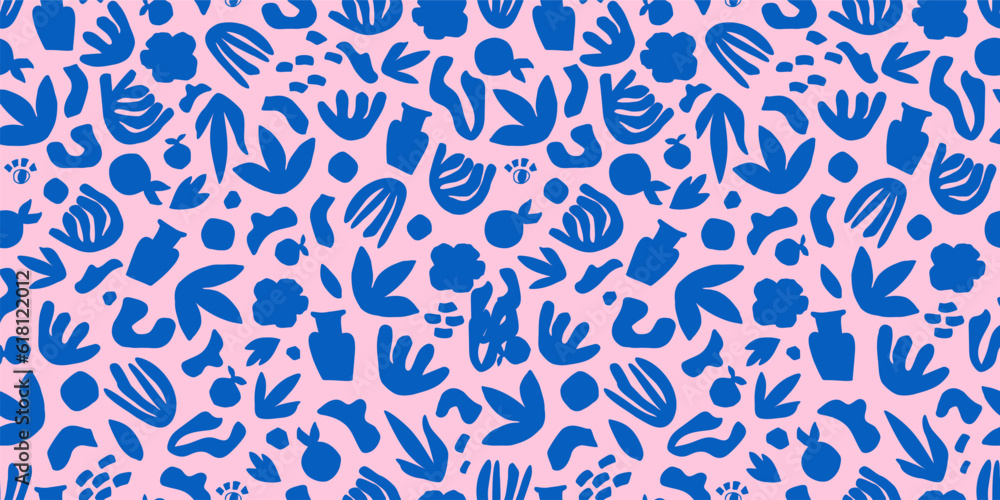 Matisse abstract modern art seamless pattern with blue geometric botanical shapes, leaves on pink background. Vector repeat print. Floral organic textile design. Hand drawn simple collage cutout decor