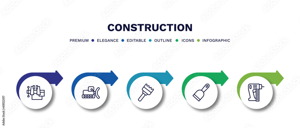 set of construction thin line icons. construction outline icons with infographic template. linear icons such as , bulldozer, sand brush,