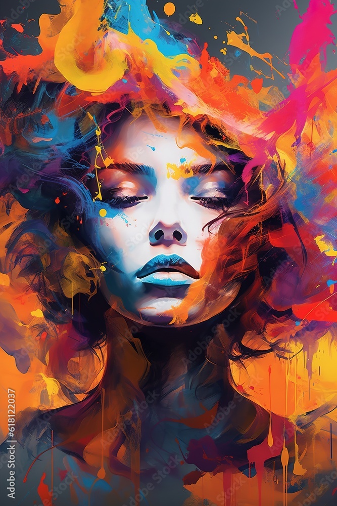Abstract Art-inspired portrait of a vibrant woman. Surreal portrait of beautiful woman. Colorful hair. Unusual color work. digital art. Illustration of beautiful young woman. Generative Ai.