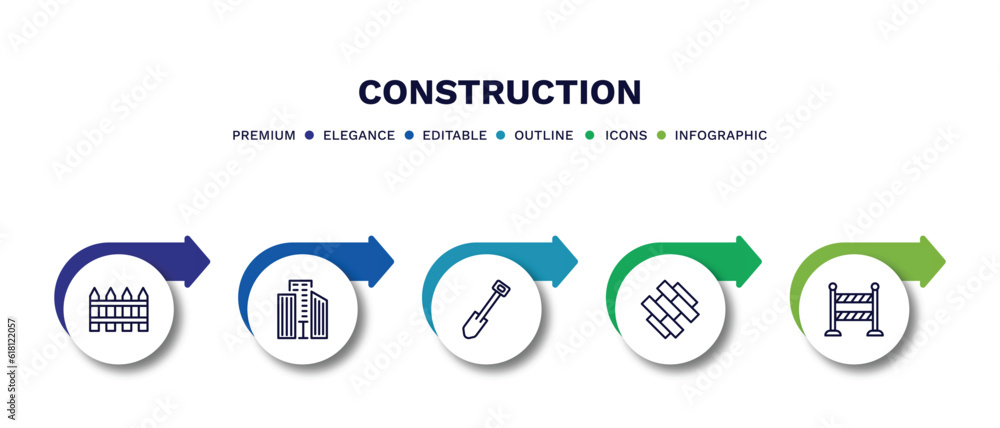 set of construction thin line icons. construction outline icons with infographic template. linear icons such as garden fence, big building, short shovel, , road barrier vector. set of construction thin line icons. construction outline icons with infographic template. linear icons such as garden fence, big building, short shovel, , road barrier vector.