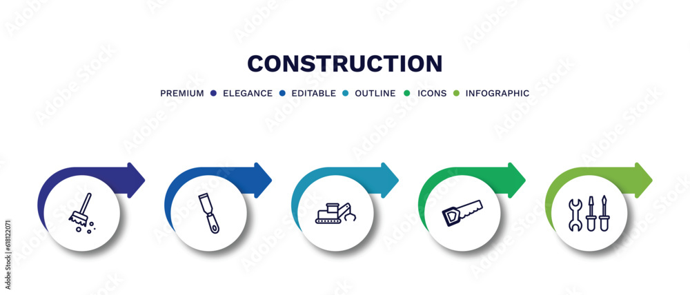 set of construction thin line icons. construction outline icons with infographic template. linear icons such as sweeping broom, , derrick with tong, big saw, three tools vector. set of construction thin line icons. construction outline icons with infographic template. linear icons such as sweeping broom, , derrick with tong, big saw, three tools vector.