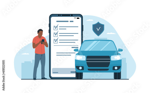 Car insurance concept. Black man draws up an insurance policy for a car online on a smartphone. Vector illustration.
