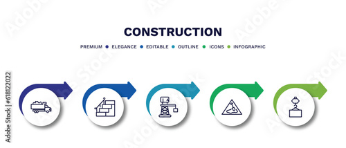 set of construction thin line icons. construction outline icons with infographic template. linear icons such as , stairs with handle, derrick with boxes, working, derrick pallet vector.