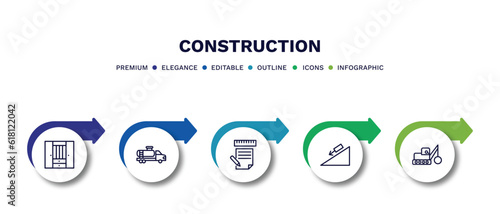 set of construction thin line icons. construction outline icons with infographic template. linear icons such as big clo, tank truck, measures plan, inclined, vector.
