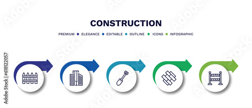 set of construction thin line icons. construction outline icons with infographic template. linear icons such as garden fence, big building, short shovel, , road barrier vector.