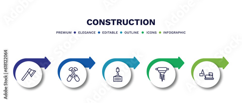 set of construction thin line icons. construction outline icons with infographic template. linear icons such as inclined ax, two shovels, derrick with load, pickaxes drilling, derrick with box