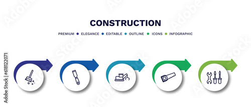 set of construction thin line icons. construction outline icons with infographic template. linear icons such as sweeping broom, , derrick with tong, big saw, three tools vector.