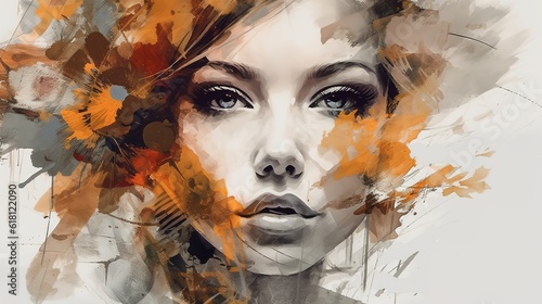 Abstract Art-inspired portrait of a vibrant woman. Surreal portrait of beautiful woman. Colorful hair. Unusual color work. digital art. Illustration of beautiful young woman. Generative Ai.