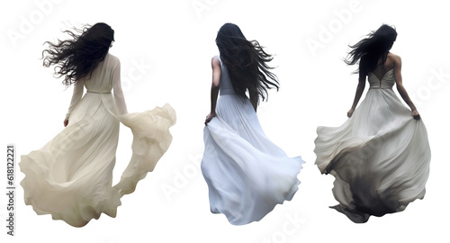 set of black haired woman running away. back rear view. Isolated. Long black hair blowing in the wind. PNG file.