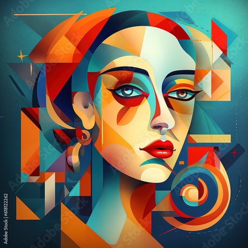 Girl portrait, clear brush strokes in intricate mixed style ,cyberpunk, front view, symmetrical composition, geometric, futurism. Generative ai. © Svfotoroom