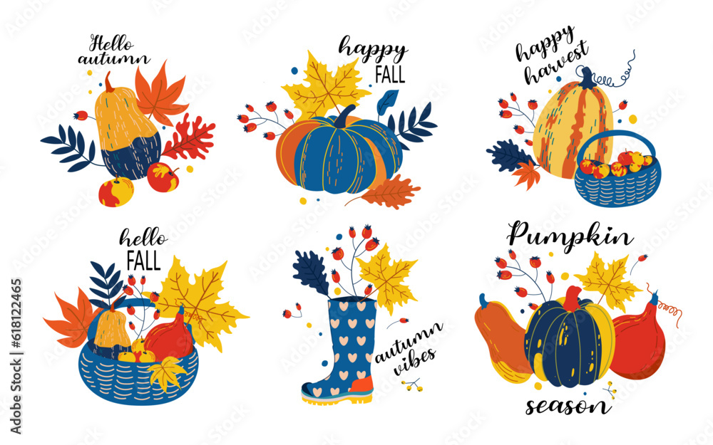Hand drawn autumn clip art set with lettering. Orange, green pumpkins and autumn leaves, apples, boots,basket, twigs, berries.Pumpkin season.