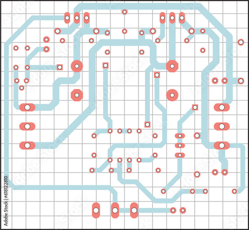 Electric background. Vector pcb pattern. 
Printed circuit board of an electronic 
device with
conductors and contact pads placed on it. 
Engineering drawing with grid