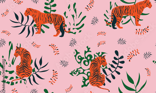 Seamless background bright pattern with red tiger and abstract leaves. Vector pink pattern
