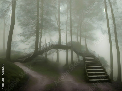 Mysterious stairs in gloomy forest, Generative AI Illustration photo