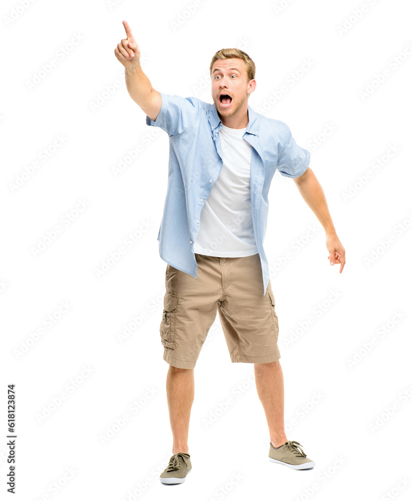 Scared, pointing finger and a man shouting in studio to for attention to show announcement space. Young male model with hand gesture or sign for warning, danger or wow surprise on a white background Scared, pointing finger and a man shouting in studio to for attention to show announcement space. Young male model with hand gesture or sign for warning, danger or wow surprise on a white background