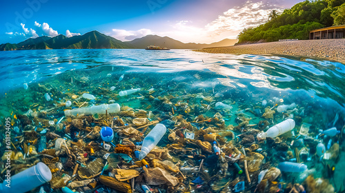 trash in ocean waters, global pollution of the planet, made with Generative AI