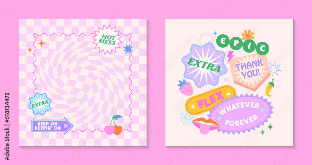 Vector templates with patches and stickers in 90s style.Modern emblems in y2k aesthetic with chess background.Trendy funky designs for banners,social media marketing,branding,packaging,covers Vector templates with patches and stickers in 90s style.Modern emblems in y2k aesthetic with chess background.Trendy funky designs for banners,social media marketing,branding,packaging,covers