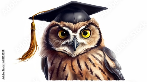 An owl with a graduation cap on white background. Generative AI