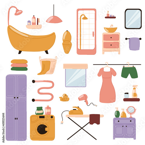 Set of bathroom interior doodle cartoon icons. Bathtub and shower cabin, sink table and mirror, washing laundry machine, care hygiene products, interior furniture. Vector illustration isolated on a