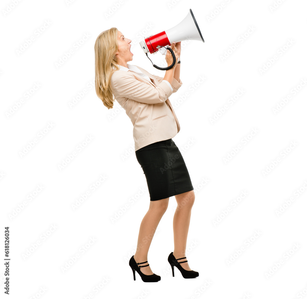 Megaphone, noise and screaming mature woman in studio with message, broadcast or announcement on white background. Speaker, speech and angry lady with bullhorn for change, justice or freedom vote Megaphone, noise and screaming mature woman in studio with message, broadcast or announcement on white background. Speaker, speech and angry lady with bullhorn for change, justice or freedom vote