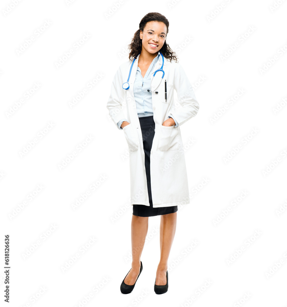 Happy, medical and portrait of a female doctor in studio after a medicare consultation. Confidence, career and full boy of professional woman healthcare worker with smile standing by white background Happy, medical and portrait of a female doctor in studio after a medicare consultation. Confidence, career and full boy of professional woman healthcare worker with smile standing by white background