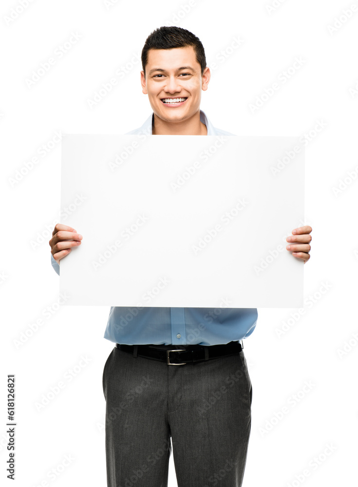 Portrait, smile and business man with poster in studio isolated on a white background mockup. Happy, banner and professional with space for advertising, marketing or commercial branding for promotion Portrait, smile and business man with poster in studio isolated on a white background mockup. Happy, banner and professional with space for advertising, marketing or commercial branding for promotion