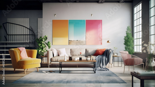 Modern Interior Design Bright Colors Creative Imagination at Home, Contemporary Living Room Decoration Minimalist Design with a Pop of Color Stylish Furniture Interior Concept Chic and Stylish Living.