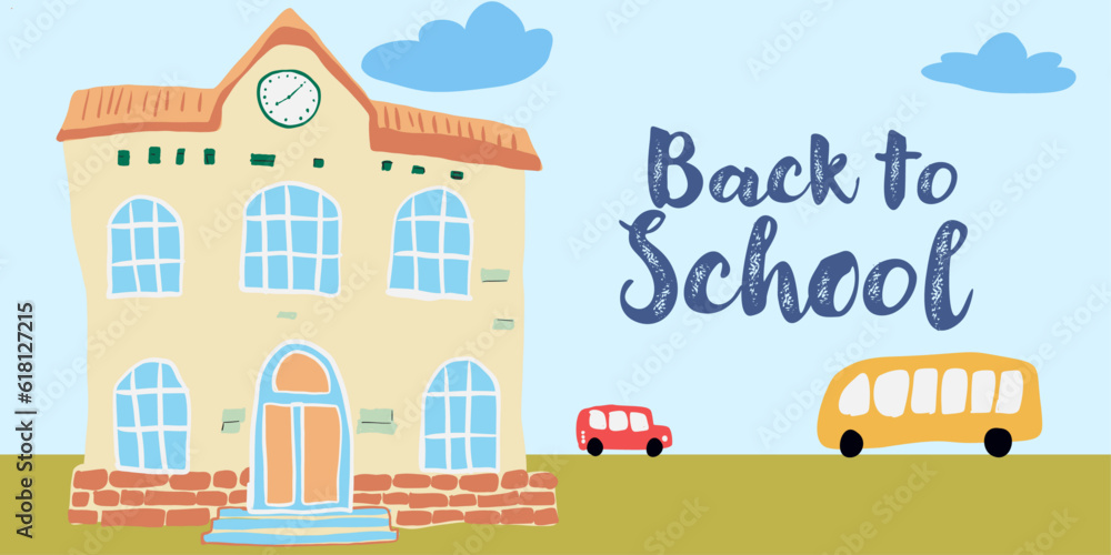 Back to School Education Illustration with Building and lettering outdoor scene car and school bus