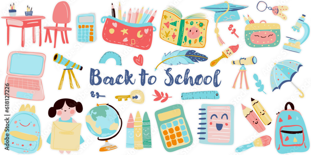 Back to school supplies collection, clipart, vector illustrations, stickers, and cute designs students. Notebook ,pen, backpack and stationery.