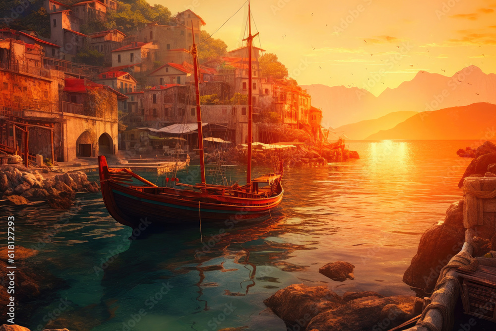 Sleepy and dreamy fishing village by the sea and setting sun on the background. Generative AI