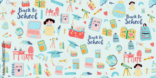 Seamless Pattern Back to school supplies collection, clipart, vector illustrations, stickers, and cute designs students. Notebook ,pen, backpack and stationery.