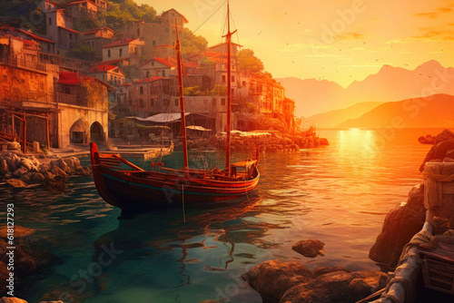 Sleepy and dreamy fishing village by the sea and setting sun on the background. Generative AI