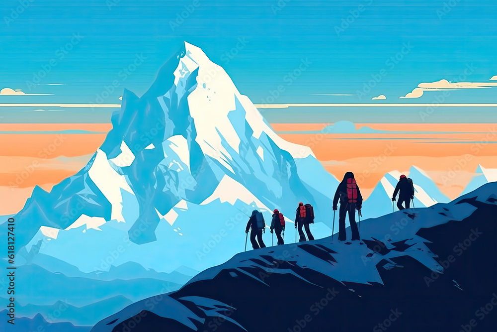 Hikers Embrace Majestic Mountain Landscape. Generative AI