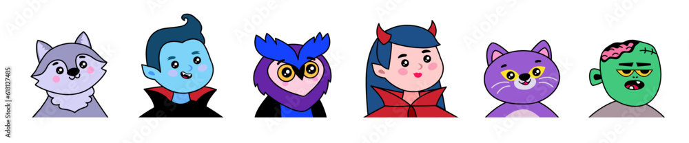 Collection of cute and funny Halloween avatars. Vector illustration in cartoon style. Wolf, vampire, witch, owl, cat, zombie head isolated on white background