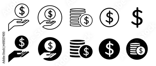 Dollar icon set vector collection. coin sign symbol. safe Investment credit of cash income save money safe deposit in bank. savings tax usa currency finance loan for business wealth bill web app ui.