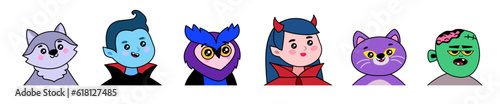 Collection of cute and funny Halloween avatars. Vector illustration in cartoon style. Wolf, vampire, witch, owl, cat, zombie head isolated on white background
