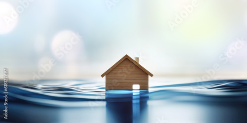 Fotografie Nature disaster and business insurance concept: model wooden house submerged under water