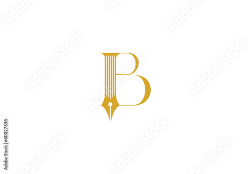 Logo Law Pillar and pen with Letter B. Vintage retro minimalist logo. editable color