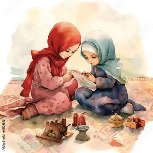 Fototapete childrens book Illustration Style, watercolour , islam, farb scheme