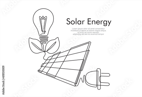 Continuous line drawing solar panel, sun, plug and light bulb, symbol for solar energy.Can used for logo, emblem, slide show and banner. Order a banner for one line drawing