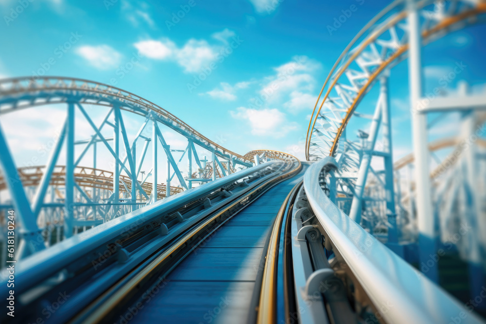 Rollercoaster Track Under a Clear Blue Sky. Generative AI
