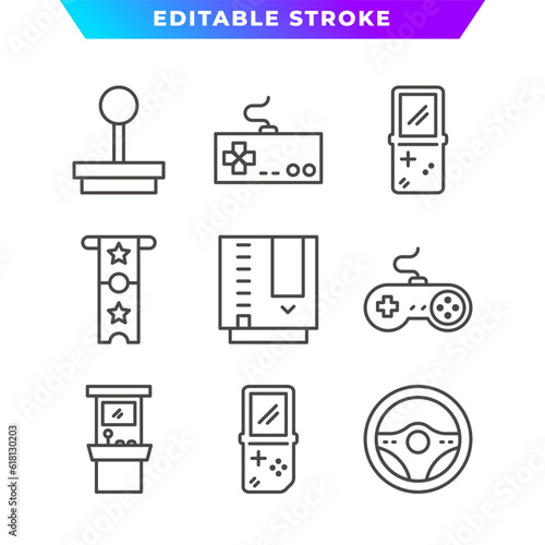 Set of Retro Arcade Game Outline Icon. Joystick, Ticket, Gameboy, Steering Wheel, and More. Editable Stroke. Vector Eps 10