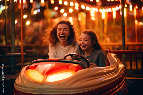 Excited mother and daughter enjoying a bumper car ride. Generative AI photo