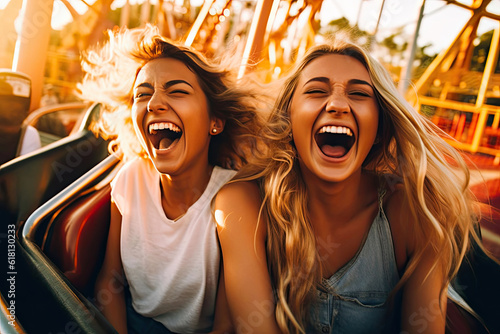 Girls Delight in Rollercoaster Fun. Generative AI